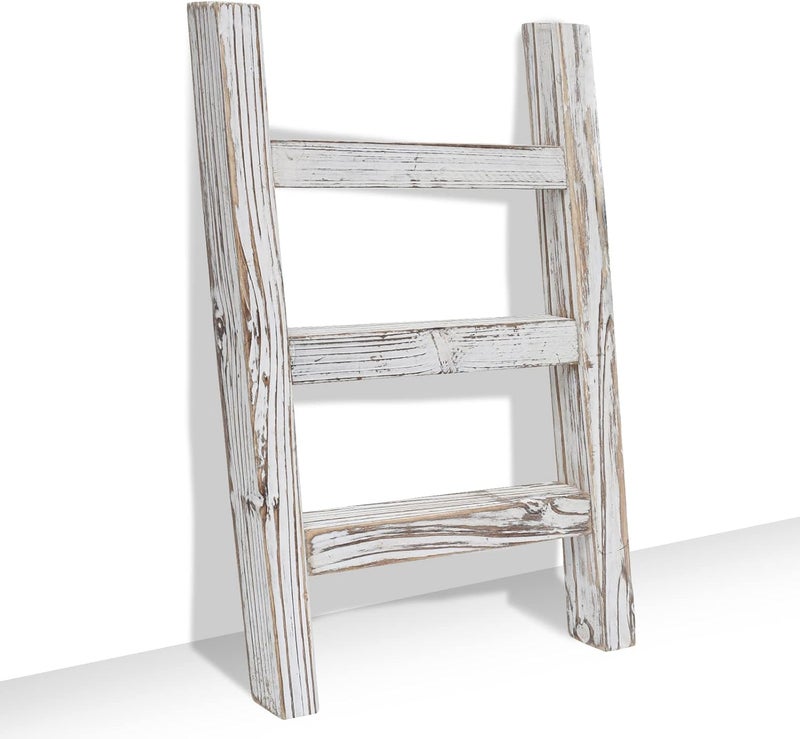 FUIN Wooden Tea Towel Ladder, Mini Ladder Towel Rack Display Hanger, Small Rustic Farmhouse Tea Towel Stand Holder for Country Bathroom Decor, White - Image 1